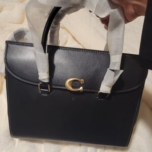 Coach Broome Carryall 36 Black Leather Tote Brass C Closure Laptop Work Bag